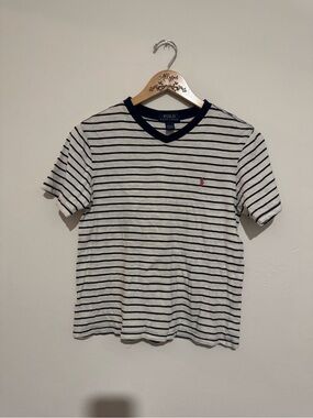 Polo Ralph Lauren Boys Striped V-Neck T-Shirt Size M (10-12) Navy White